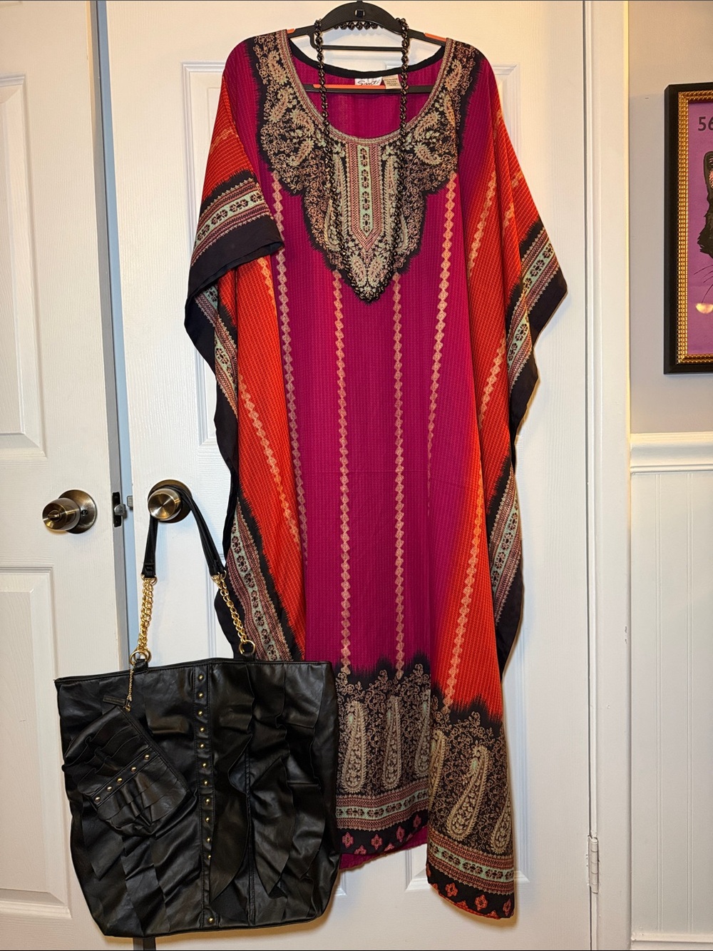 Santé Classics Boho Caftan Maxi Dress OS | Fuchsia Coral Paisley Resort Wear